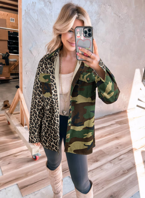 Leopard Camo Patchwork Button Front Flap Pocket Oversized Shacket